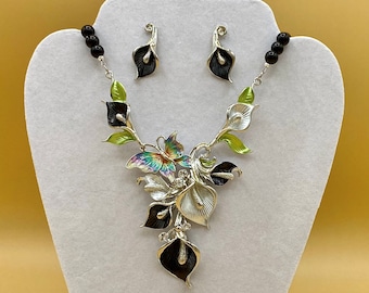 Black Bib Butterfly & Flowers Statement Necklace and Earring Set Colorful Optional Matching Bracelet