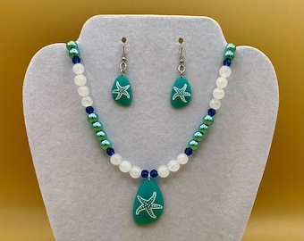 Aqua Sea Glass Starfish Necklace & Earring Set: Teal Beach Jewelry