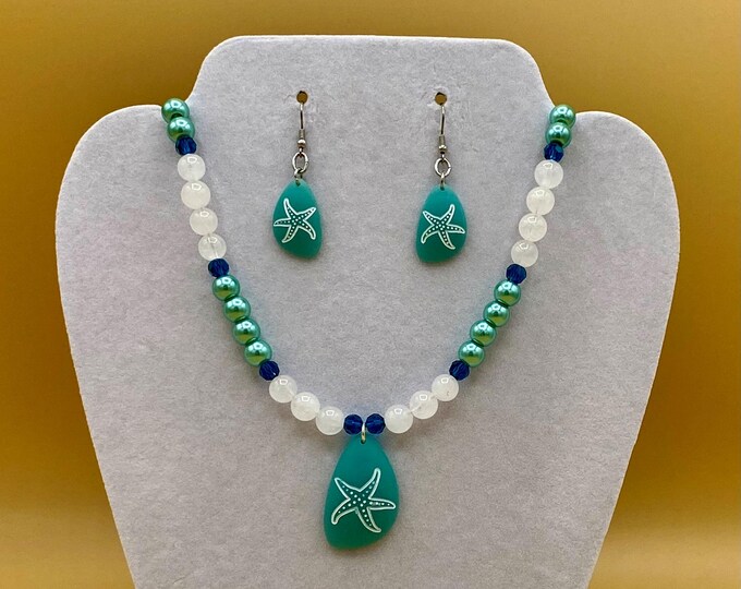 Aqua Sea Glass Starfish Necklace & Earring Set: Teal Beach Jewelry