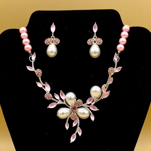 Pink Crystal Flower Teardrop Pearl Bib Statement Necklace & Earring Set Optional Matching Bracelet