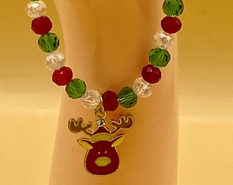 Red and Green Christmas Crystal Reindeer Stretch Bracelet