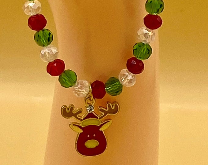 Red and Green Christmas Crystal Reindeer Stretch Bracelet