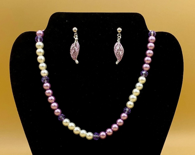 Lilac Purple Necklace and Enamel Leaf Earring Set Plus Size Hand Beaded Toggle Magnet