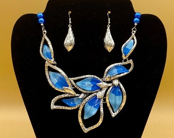 Hammered Silver & Blue Glass Bib Statement Necklace and Earring Set Optional Matching Bracelet