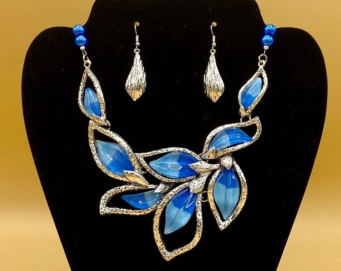 Hammered Silver & Blue Glass Bib Statement Necklace and Earring Set Optional Matching Bracelet