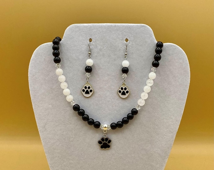 Black Cat Dog Paw Necklace & Earring Set