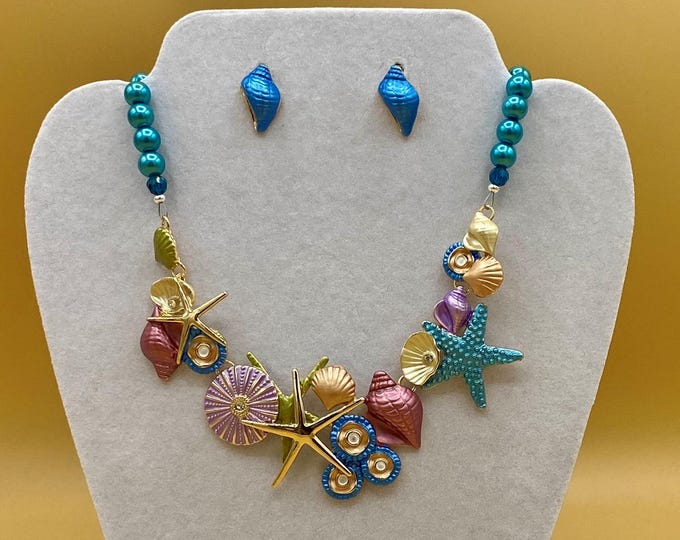 Colorful Starfish & Sea Life Bib Statement Necklace and Earring Set Optional Matching Bracelet