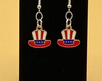 Small Patriotic 4th of July Hat Earrings Stainless Hook