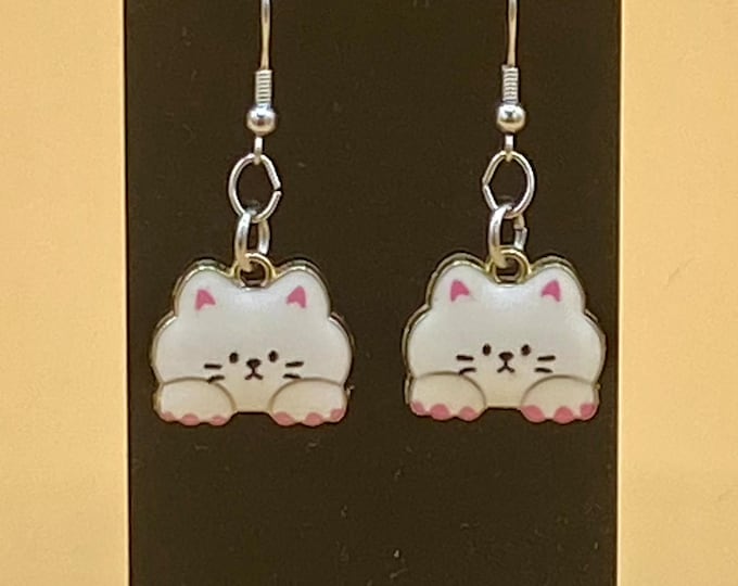 White Cat Earrings Stainless Hook
