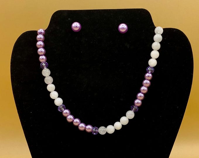 Purple Pearl, Snow Quartz and Crystal Necklace and Earring Set Plus Size Hand Beaded Toggle Magnet