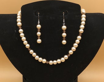Beige Pearl & Crystal Necklace Earring Set: Hand Beaded Jewelry