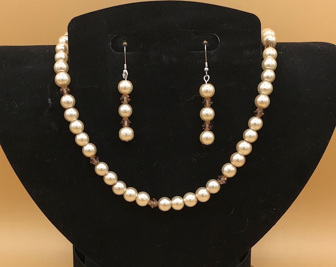 Beige Glass Pearl & Crystal Necklace and Earring Set Plus Size Hand Beaded Toggle Optional Matching Bracelet