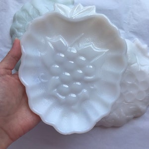 Hazel Atlas milk glass, grape patterned candy plates
