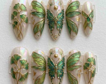 Handmade Pearl Butterfly Press On Nails | Green Ginkgo Leaf, Wing & Gold Foil Design | Long Almond Nails for Nature Fairy Aesthetic