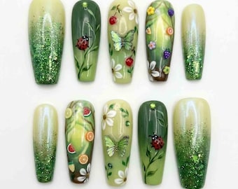 Handmade Garden Fantasy Press On Nails | 3D Butterflies, Ladybugs, Citrus & Glitter | Long Coffin Nails for Summer Vibe