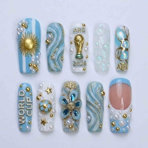 Handmade Argentina Soccer Press On Nails | 2026 World Cup, ARG Trophy, Sun of May & AFA | Long Square Nails for Football Fan Vibe