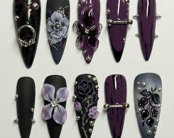 Handmade 3D Gothic Press On Nails | Purple Roses, Sculpted Flowers, Spikes & Silver Piercings | Stiletto Nails for Edgy Punk Vibe
