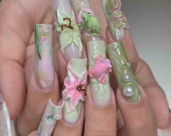 Handmade Cottagecore Frog Press On Nails | 3D Cute Frogs, Water Lilies, Pearls & Dewdrops | Long Square Nails for Pond Nature Vibe