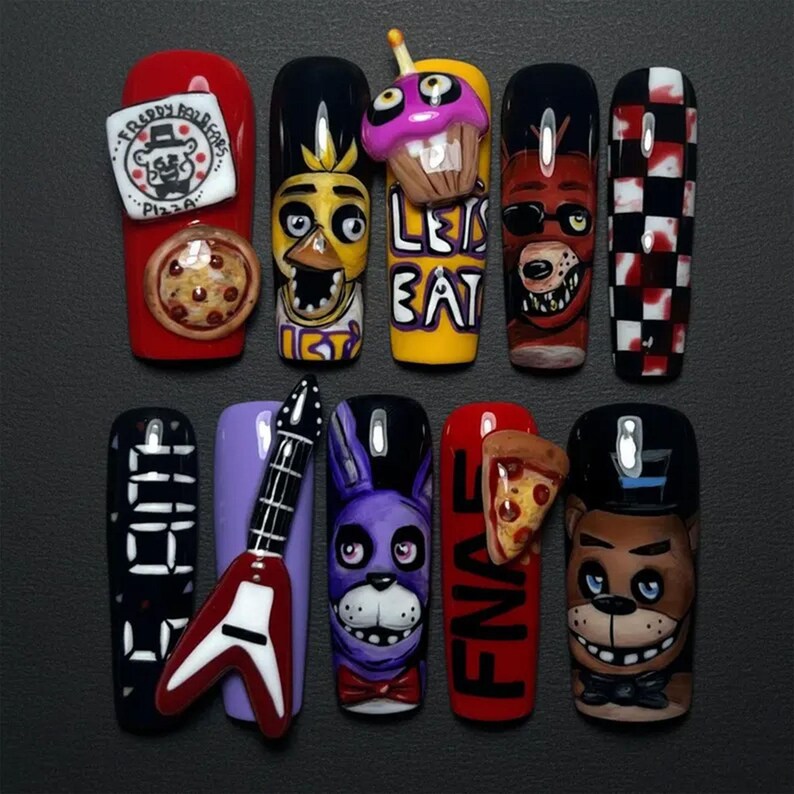 Handmade FNAF Press on Nails | 3D Freddy & Chica Art | Horror Gamer ...