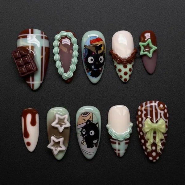 Handmade Chocolate Mint Cat Press On Nails | Cute Jiji Inspired Art | 3D Stars & Candy Drip Nail Set