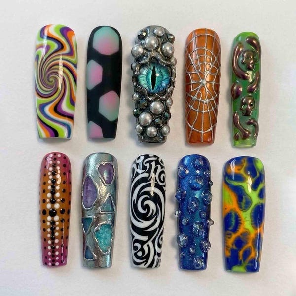 Handmade Gothic Spooky Press On Nails | 3D Dragon Eye, Silver Spider Webs, Skulls & Psychedelic Swirls | Long Square Nails for Edgy Vibe