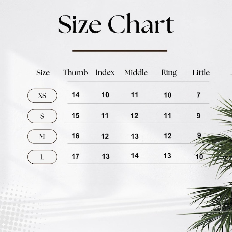 May include: A size chart with the title "Size Chart" in a bold, black font. The chart lists sizes XS, S, M, and L, with corresponding measurements for thumb, index, middle, ring, and little fingers. The background is a light beige.