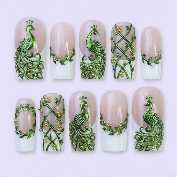 Handmade Majestic Emerald Peacock Press On Nails | 3D Metallic Green Peacocks, Vines & Gold Studs | Long Square Nails for Elegant Vibe