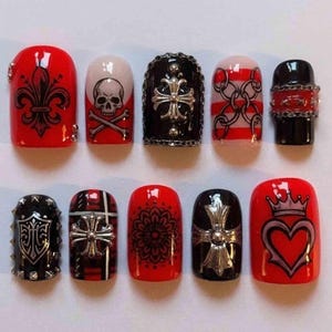 Handmade Gothic Rocker Press On Nails | 3D Skull, Cross Charms, Chain Details, Red & Black Base | Short Square Nails for Edgy Aesthetic