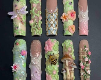 Handmade Fairy Garden Press On Nails | Dragonfly, Bee, Mushroom, Lily & Flower Charms | Long Square Nails for Whimsical Nature Aesthetic
