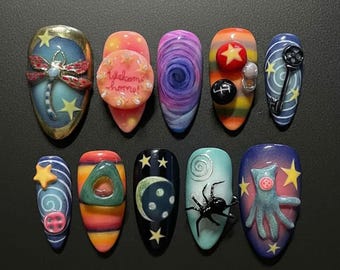 Handmade Coraline Inspired Press On Nails | Creepy Cute Stars & Buttons | Cosmic Fantasy 3D Art Set