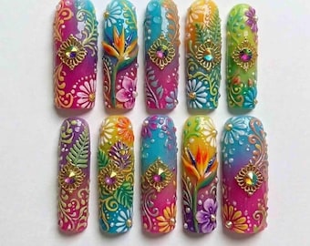 Handmade Colorful Tropical Press On Nails | Bird of Paradise, Floral & Gold Jewel Design | Long Square Nails for Bright Summer Aesthetic