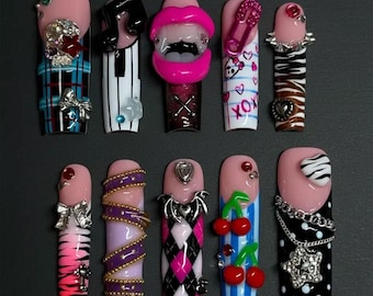 Handmade Y2K Punk Press On Nails | Emo Lips & Chains | Zebra, Plaid 3D Charms Alt Aesthetic Set