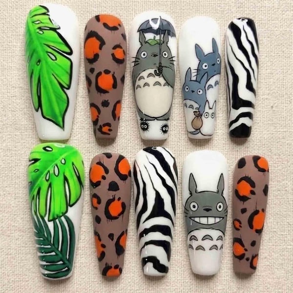 Handmade Totoro Forest Press On Nails | 3D Forest Spirits, Tropical Leaves, Animal Prints | Long Coffin Nails for Whimsical Ghibli Aesthetic