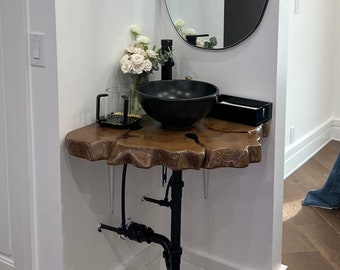 Countertop shelf, Bathroom vanity, Live edge slab, Washbasin slab, Solid wood basin slab, Washbasin top, Rustic bathroom vanity