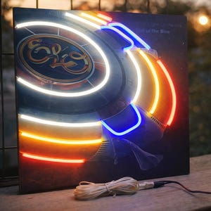 Letreiro de néon da Electric Light Orchestra, pôster do álbum da Electric Light Orchestra, pôster da capa do álbum, pôster da banda, decoração de parede de toca-discos