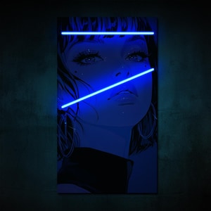 Neon Wall Art,LED Canvas Wall Art,Light Up Wall Decor,Neon Aesthetic Art,Girl Light Wall Poster,Glowing Canvas Print,Anime Portrait Wall Art