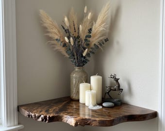 Corner shelf, Floating wood shelf live edge, Plant shelf, Solid wood shelf, Rustic shelves living room, Custom floating shelves, Wall shelf