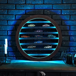 Spielzeugauto-Regal mit LED, Spielzeugauto-Aufbewahrungswandhalterung, LED-Vitrine, Spielzeugauto-Garage, Spielzeugauto-Regal, beleuchtete Vitrine für Spielzeugautos