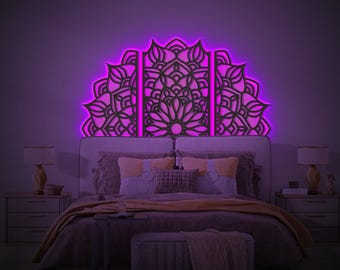 Mandala king headboard led, Mandala queen headboard lighted, Bohemian headboard king, Mandala wood wall art led,Bed headboard with led light