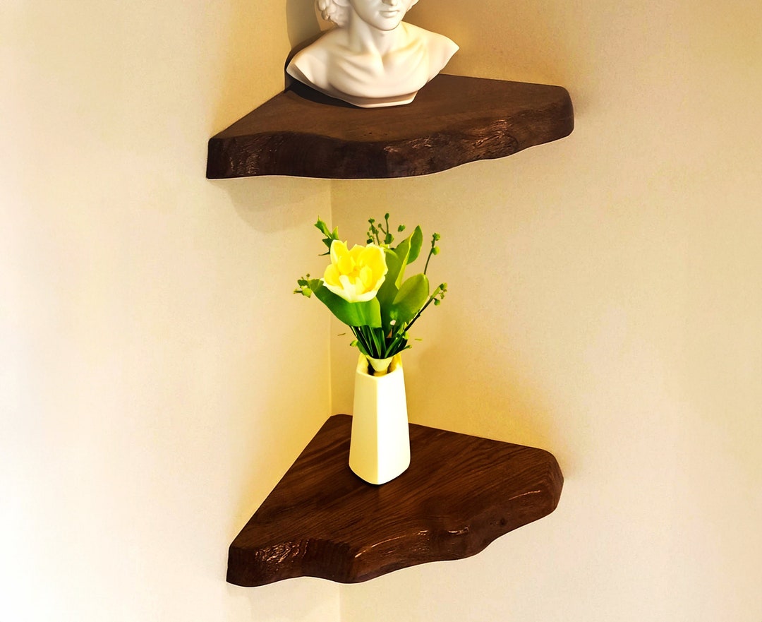 Floating Corner Wood Shelves, Rustic Shelves, Live Edge Corner Floating