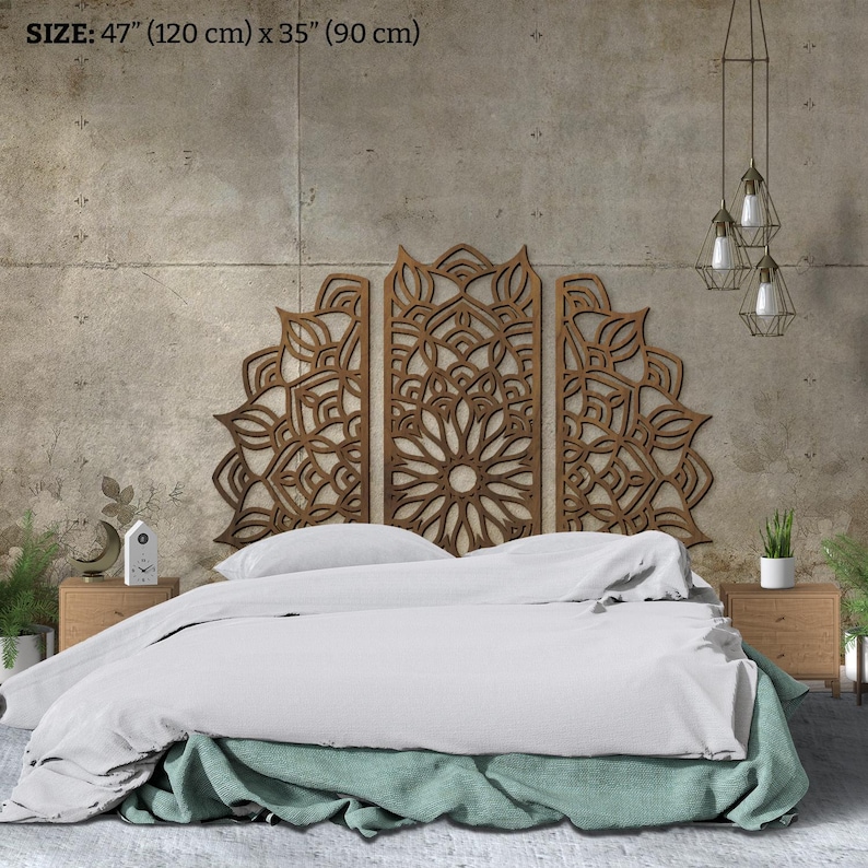 Cabecero Mandala King, Cabecero King de madera, Cabecero Boho, Cabecero Queen, Arte de pared Mandala de madera, Panel de madera cortado con láser, Cabecero de cama