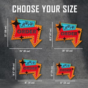 May include: Four different sizes of a red, yellow, and blue neon sign that says "Hero Order" with a yellow arrow pointing to the right. The sign is available in sizes 12 inches, 16 inches, 20 inches, and 24 inches.