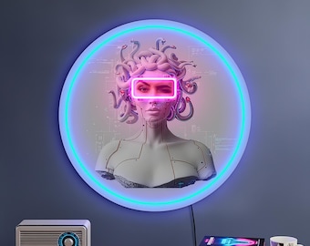 Cyberpunk-väggkonst, futuristisk neonväggdekor, sci-fi-neonvägglampa, AI-inspirerad väggkonst, neoncyberpunk-dekor, Medusa Gorgona-väggkonst