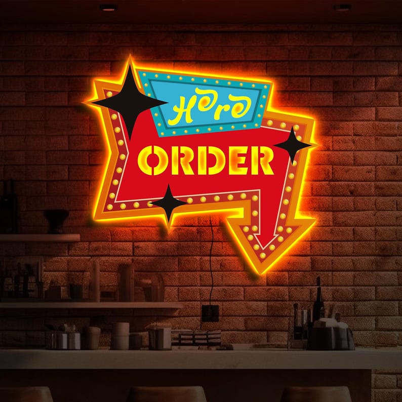 May include: A neon sign with a red arrow pointing to the right. The sign says "Here Order" in yellow letters on a blue background. The arrow has yellow dots around the edge and a yellow star at the tip.