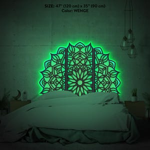 Arte de pared con luz LED de mandala, cabecero de cama tamaño king con mandala, cabecero con luz LED, cabecero tamaño queen, cabecero boho, decoración de pared de madera con mandala, decoración sobre la cama