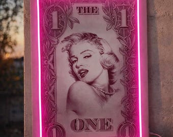 Marilyn Monroe Neon Art, LED Wall Decor, Pop Art Canvas Print, Dollar Bill Design, Unique Celebrity Gift, Quality Handmade Sign
