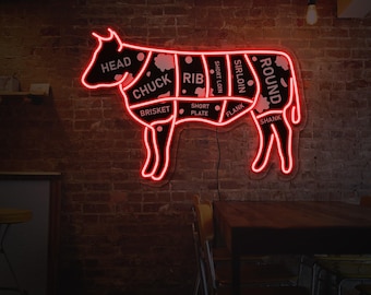 Cow neon sign, BBQ neon sign, Butcher shop led sign, Cow neon light, Butcher shop led sign, Restaurant neon sign, Cuts of Beef led sign