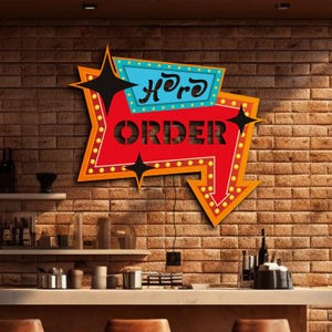 May include: A red and blue arrow-shaped sign with the words "Here to Order" in white lettering. The sign has a vintage look with yellow light bulbs around the edge.