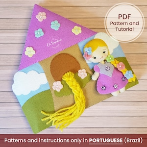 May include: A felt craft project featuring a purple roof, green landscape, and a doll with long yellow yarn hair. The design includes white clouds, small fabric flowers with beads, and text that reads PDF Pattern and Tutorial.