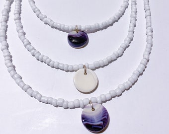 Wampum Style Organic Shaped Quahog Shell Sterling Silver Necklace OOAK One of a Kind Purple /& White